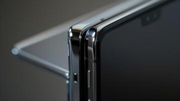 An upclose image of the unfolding action of a foldable phone displaying the smooth unfolding of the screen and seamless integration of the two halves photo