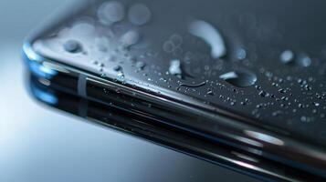 A macro shot of the reinforced crease on a foldable phone emphasizing the reinforced materials and special coatings used to prevent damage to the screen over time photo