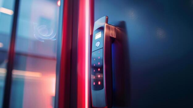 A detailed shot of the keyless entry system on a smart door lock with its slim card reader and touch sensitive pad. The futuristic design and advanced technology make it a convenien photo