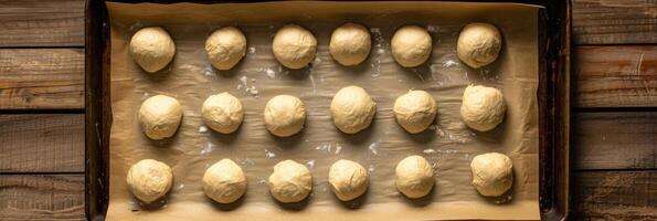 A baking sheet lined with parchment paper ready to be filled with balls of buckwheat bread dough ready for a final rise before baking photo