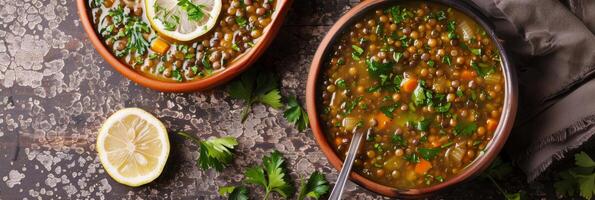 A nourishing buckwheat and lentil soup with a burst of flavor from fresh herbs and lemon juice perfect for a cold day photo