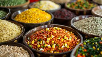 A colorful array of wild grainbased dishes including a savory quinoa pilaf and a sweet corn and wild rice pudding photo