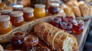 An array of homemade jams honey and spreads to accompany fresh crusty bread from the local bakery photo
