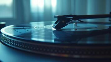 A record is delicately p onto a turntable ready to be brought to life by the finelycrafted stylus photo