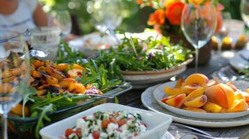 The table is set with a spread of fresh salads including a vibrant grilled peach and arugula dish photo