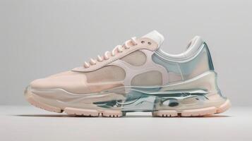 A sleek minimalist sneaker in a muted pastel color featuring a unique out design on the side panels and a translucent sole photo