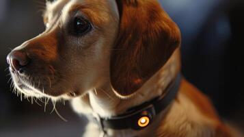 This closeup highlights a hightech smart pet collar that has a builtin camera allowing owners to view their pets activities through a smartphone app. The camera is also equipped wit photo