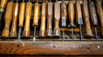 A series of various sized chisels each with a unique wood handle and character lined up in perfect order on a velvetlined shelf photo