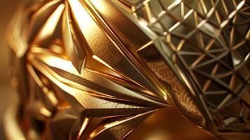 An upclose shot of a uniquely designed helmet with a geometric pattern and a shiny gold finish exuding elegance and sophistication photo