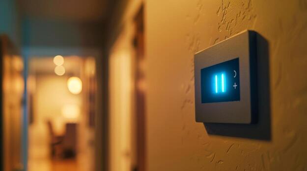 A smart light switch with a temperature control feature indicated by a small thermometer icon on the display photo