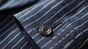A closeup of a blazers cuff reveals the unique lining featuring a navy blue and white striped pattern. This subtle detail adds a touch of sophistication to the classic blazer design photo