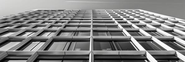 The unique blend of traditional and contemporary elements in a modern buildings facade is captured in sharp black and white showcasing the meticulous craftsmanship Black and white art. photo