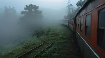 Fog envelops the train adding an ethereal touch to the journey along the historic rail lines photo