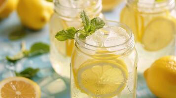 A refreshing homemade lemonade is served in mason jars providing a cool and refreshing sip between bites photo