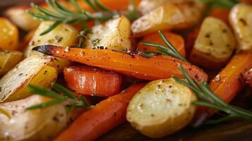 A platter of roasted root vegetables including foraged tur pars and carrots seasoned with fragrant sprigs of rosemary and thyme photo