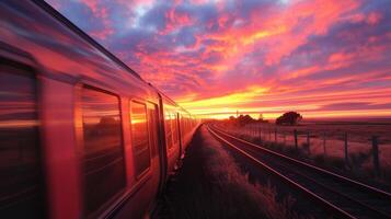 Hues of pink and orange painted the sky as the train continued on its path providing a stunning backdrop for the journey photo