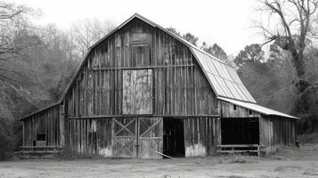 Rustic charm exudes from every inch of the old barn with its crooked doors and weathered roof. Black and white art. photo