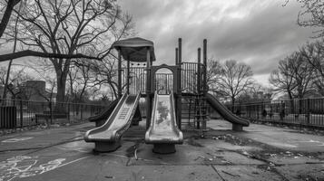The quiet playground is a stark contrast to the vibrant laughter and energy it once held. Black and white art. photo