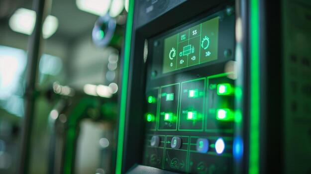 A closeup of a smart sprinkler control panel displaying a variety of buttons and settings for precise control of watering schedules and zones. The screen is illuminated with a brigh photo