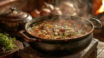 The aroma of a simmering soup made from wild game and root vegetables fills the air enticing guests to take a sful photo