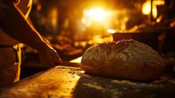 The sun setting in the background as a baker pulls a golden loaf of bread out of the oven photo