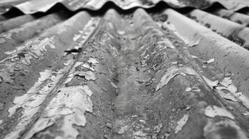 A closeup of a rusty metal roof its surface resembling that of a cled and weathered landscape. Black and white art. photo