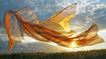 The fabric seems to take the form of a fantastical creature with its flowing layers resembling wings and its twists and turns resembling a body photo
