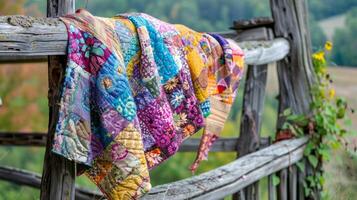A rustic farmhouse porch its railing dd with a handstitched quilt made of various fabric scraps its vibrant colors standing out against the muted landscape as it flaps in the wind photo