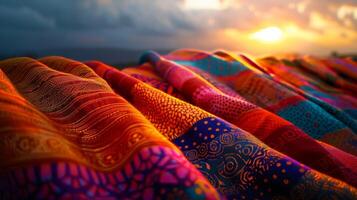 The bold colors and patterns of the fabric contrast against the darkening sky creating a dramatic and eyecatching scene photo