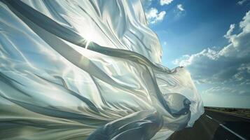 A sense of freedom and movement is captured in the way the fabric gracefully floats alongside the road photo