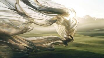A bundle of chiffon fabric floating above a golf course creating an ethereal atmosphere for players photo