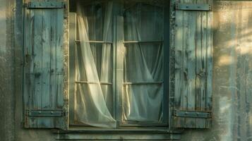 Delicate muslin curtains flutter lightly in the open windows of a centuriesold house photo