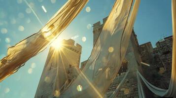 The fabric on the drawbridge blowing in unison creating a symphony of motion against the backdrop of the castle photo