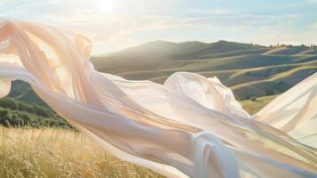 Wispy fabrics flutter against the backdrop of rolling hills adding a touch of whimsy to the serene valley photo