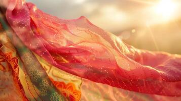 Flowing saris adorned with intricate threadwork and shimmering embroidery catching the suns rays as they fly in the wind photo