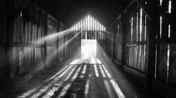 Inside the barn is filled with shadows and light creating an eerie yet intriguing atmosphere. Black and white art. photo