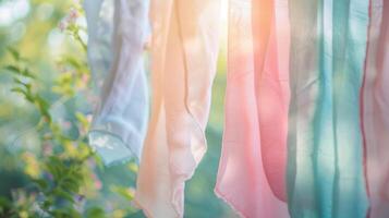 Soft pastel silk banners hanging in a row creating a serene and dreamy atmosphere photo