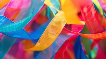 A closeup shot of a kites tail made up of colorful streamers all connected to create a stunning and unique design photo