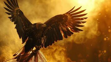 In a dramatic display of strength an eagle grasps onto a heavy burlap fabric determined to carry it to its destination photo