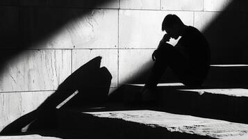A person sitting on a stoop their shadow mirroring their slumped posture and heavy thoughts. Black and white art. photo