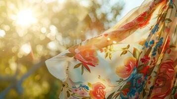 A floral print foulard scarf fluttering over a shoulder adds a romantic touch to a summery ensemble photo
