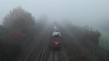 The trains engine powers through the fog determined to reach its destination photo