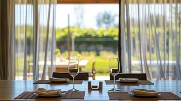 Sheer curtains frame the large windows of the winery allowing natural light to filter in and highlighting the delicate beauty of the fabric photo