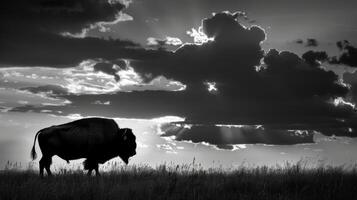 The outline of a stoic buffalo is seen against a cloudy sky illuminated by the last rays of sunlight in the horizon. Black and white art. photo