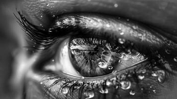 A crystalcleart.reflection of the surrounding environment can be seen in the eyes glossy surface. Black and white art. photo