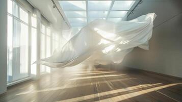 A simple yet impactful installation of white fabric billowing and floating seamlessly in a void photo