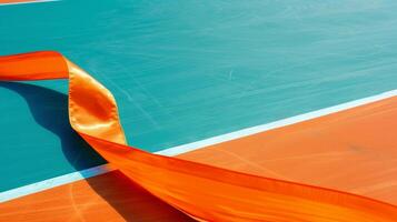 A giant flowy orange ribbon elegantly skimming the surface of a tennis court almost as if its participating in the game itself photo