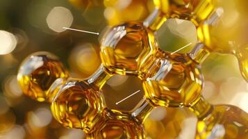 A closeup image of the chemical structure of oleic acid with a label pointing to the double bonds that make it a monounsaturated fat photo