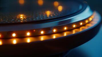 A detail shot of the LED lights on a smart weight scale indicating whether the users weight is within a healthy range photo