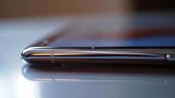 A detailed view of the side profile of a foldable phone showcasing the slim design and how the two halves of the screen fit together perfectly when unfolded photo